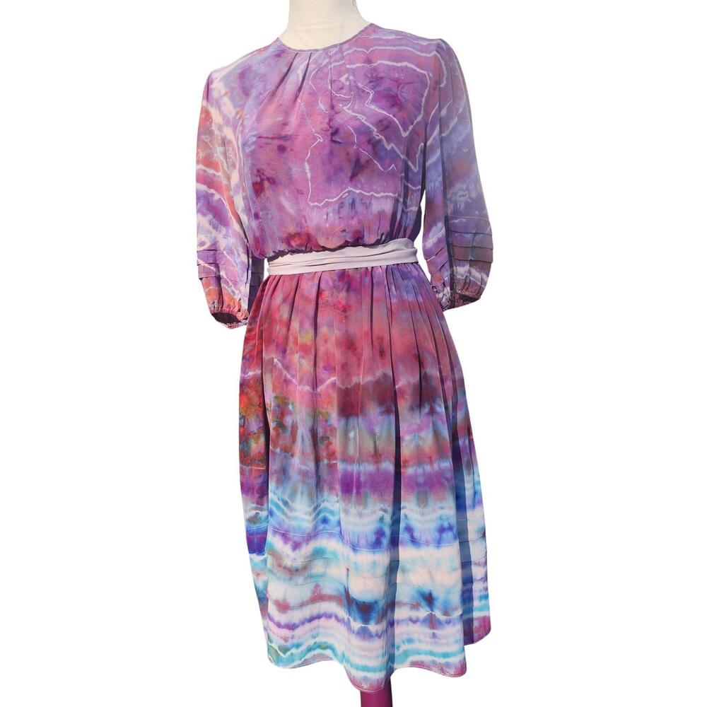 Vintage, Reworked Silk Hand-Tie-Dyed Full Midi Dress. Royal Silk. Size: 8
